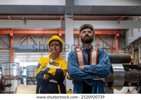 Two engineers from different generations stan and express their confidence with arms crossed at a metal sheet factory. Cooperation among two generations in working place.