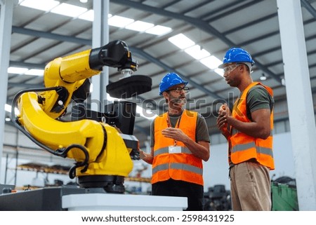 Two engineers discussing the performance of a robotic arm in a factory setting, highlighting the importance of collaboration in advanced manufacturing