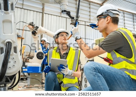 Two engineers are engaged in a collaborative discussion while working on robotic equipment in a factory environment. One holds a tablet, while the other adjusts a robotic arm.