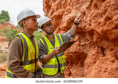 Two engineers are exploring the minerals beneath the mountain's soil