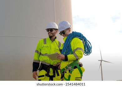 Two engineers in high visibility gear stand near a wind turbine, reviewing a clipboard and preparing for maintenance work. The image highlights teamwork, safety, and renewable energy sector. - Powered by Shutterstock