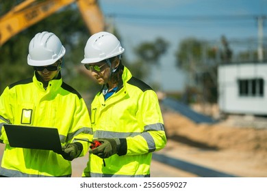 Two engineers in high-visibility jackets and helmets reviewing plans on a laptop at a construction site with an excavator in the background, representing safety, precision, and technological planning.