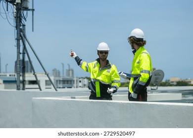 Two engineers in high-visibility jackets and helmets point and discuss work near a rooftop telecommunications antenna in an urban area.