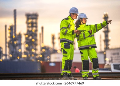 Two engineers in high-visibility suits and helmets review data on a tablet while standing in front of a refinery at sunrise, indicating teamwork and safety in a heavy industry zone.