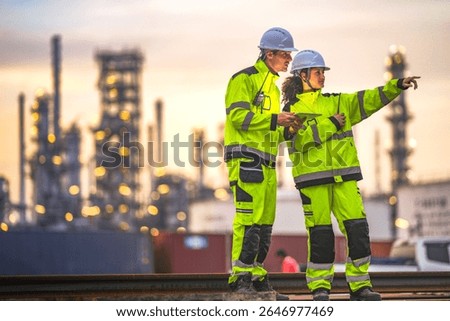Two engineers in high-visibility suits and helmets review data on a tablet while standing in front of a refinery at sunrise, indicating teamwork and safety in a heavy industry zone.