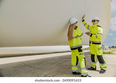Two engineers inspect a massive wind turbine blade at a construction site. The image showcases the scale of wind power projects and the detailed work involved in renewable energy development.