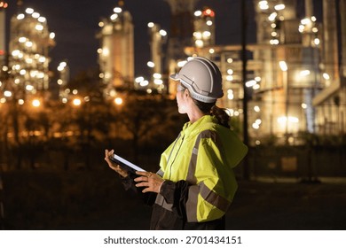 Two engineers in protective gear using a tablet and walkie-talkie while inspecting an illuminated industrial refinery site at night. - Powered by Shutterstock - Get 15% off with code: PIKWIZARD15