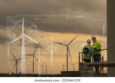 Two engineers review data near wind turbines at sunset, highlighting teamwork in renewable energy. Emphasizes technology and sustainability in industry. - Powered by Shutterstock