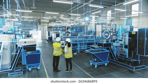 Two Engineers in Safety Gear Use a Tablet to Interact With Holographic Data in a High-tech Factory, Surrounded by Advanced Machinery and Digital Interfaces, Illustrating a Futuristic Manufacturing
