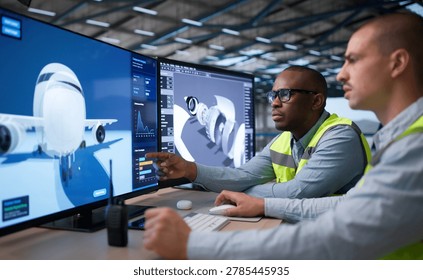 Two Engineers Use 3D Software To Design Airplane Engine Parts Together.