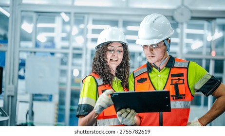 Two engineers use a tablet to program an AI system. They are in a futuristic smart factory, reviewing data for industrial robots or microchip manufacturing.