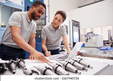 Two Engineers Using CAD Programming Software On Laptop