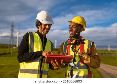 Two engineers using a digital tablet, working and smiling in a wind turbine farm