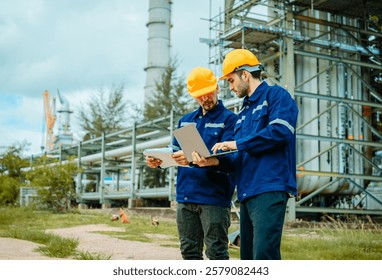 Two engineers wearing hard hats and safety gear review plans and data at an industrial facility surrounded by machinery and greenery. - Powered by Shutterstock - Get 15% off with code: PIKWIZARD15