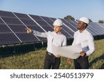 Two engineers wearing helmets discuss plans at a solar power plant, holding blueprints. They stand under a clear sky amidst solar panels, showcasing teamwork and renewable energy.