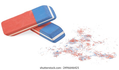 Two erasers and eraser scraps isolated on a white background. Pink and blue pen eraser.