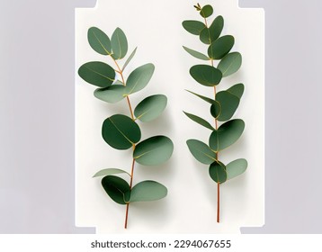 two eucalyptus twigs isolated over white background, natural design elements or props for flatlays and digital floristry, top view . High quality photo