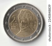 Two euro coin issued by Austria in 2019 isolated on a white background depicting a portrait of the writer Bertha von Suttner, awarded the 1905 Nobel Peace Prize.