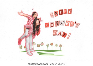 Two excited bonding mommy kid daughter play together spend mother day happy time weekend holiday creative fantasy picture collage - Powered by Shutterstock