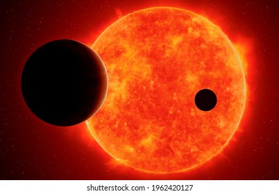 Two exoplanets against red dwarf, elements of this image furnished by NASA - Powered by Shutterstock