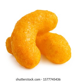 Two extruded cheese puffs isolated on white.