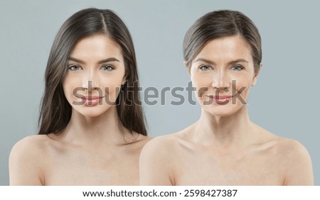 Two faces collage set. Young model woman and mature woman