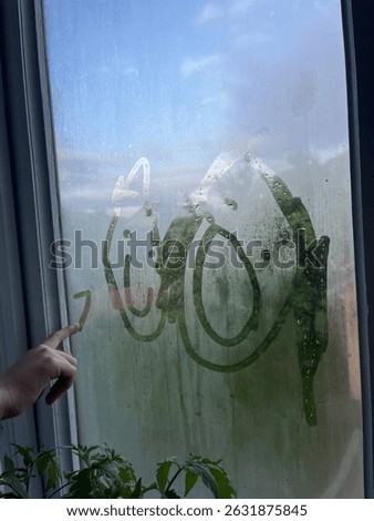 Two faces drawn on the steamy window. Creative and childish