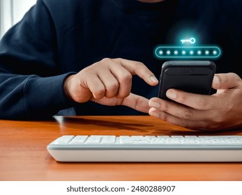 Two factor authentication or 2FA concept. Key tech icon and password showing while businessman using mobile phone for online access and Identity verification with 2 steps authentication technology.