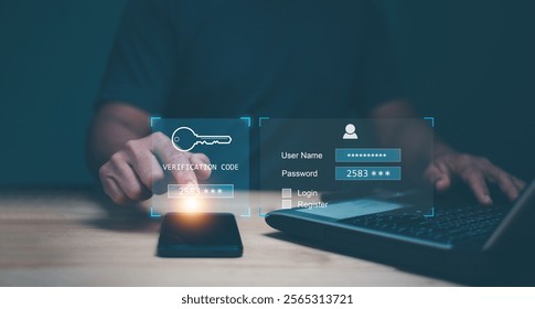 Two factor authentication or 2FA concept, Businessman using smartphone for access password to online information. Cybersecurity and privacy protect data. Internet network security.