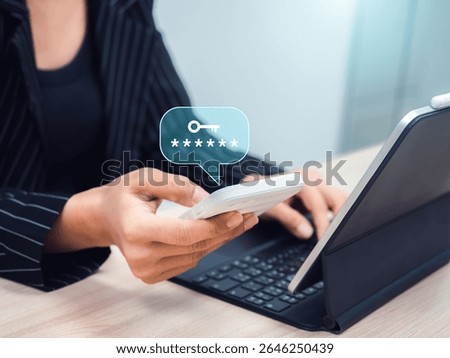 Two factor authentication or 2FA, cyber security technology concept. Asterisk, hidden password with key icon in business person hand while look otp code on smartphone for log in by laptop computer.