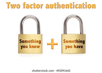 Two Factor Authentication Concept With Two Padlocks Isolated On White And The Phrase Something You Know And Have