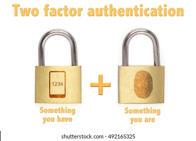 Two Factor Authentication Concept With Two Padlocks Isolated On White And The Phrase Something You Know And Have And A Mobile Plus Fingerprint Icon