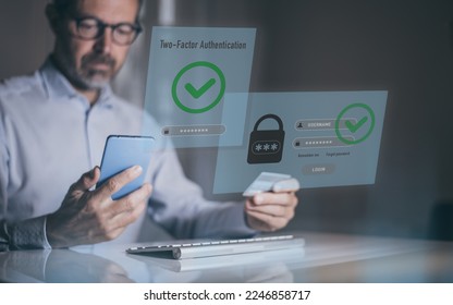 Two factor authentication. Ensure protection, identification concept. Security of online accounts. - Shutterstock ID 2246858717