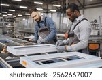 Two factory workers assembling PVC window frames on a production line, demonstrating teamwork and skill in a busy industrial setting