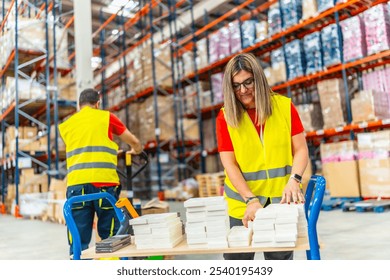 Two factory workers pack packages for delivery in a distribution warehouse - Powered by Shutterstock