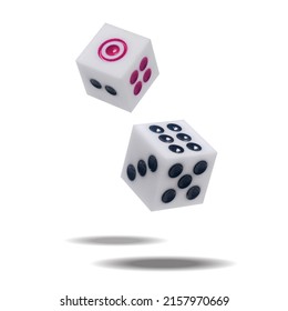 Two Falling White Casino Dice On White Background. Close Up