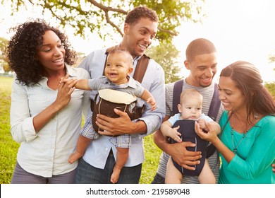 Two Families With Baby Carriers Walking In Park