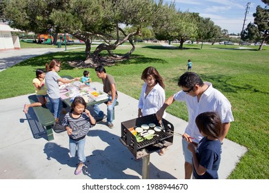 Two Families Enjoying BBQ In The Park