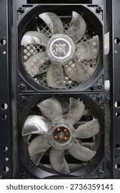Two fans, covered with a thick layer of dust, on the back wall of the system unit. The computer's cooling system is dirty.                            