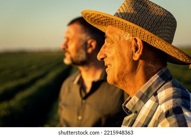 Two farmers in a field examining soy crop at sunset. - Powered by Shutterstock