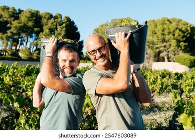 Two farmers, a gay couple, smile joyfully as they pose with buckets full of organic grapes in a sunlit vineyard setting. Their hard work shines through in this moment of celebration. - Powered by Shutterstock