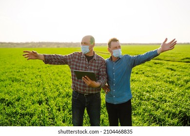 Two Farmers In Sterile Medical Masks Discuss Agricultural Issues On A A Green Wheat Field. Farmers With Tablet In The Field. Smart Farm. Agro Business. Covid-19.