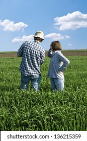 Two Farmers Talking In A Wheat Field Against Blue Sky.