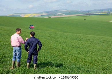 Two Farmers Talking In A Wheat Field With A Tractor In Background.