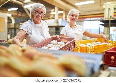 Two female bakers carry freshly baked Berlin pancakes in boxes in a large bakery - Powered by Shutterstock