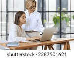 Two female collegues working with laptop and discussing new project
