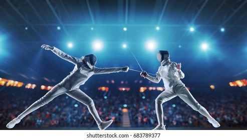 Two female fencing athletes fight on professional sports arena with spectators and lense-flares. Women wear unbranded sports clothes. Arena is made in 3D.