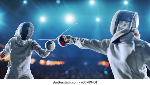 Two female fencing athletes fight on professional sports arena with spectators and lense-flares. Women wear unbranded sports clothes. Arena is made in 3D. - Powered by Shutterstock