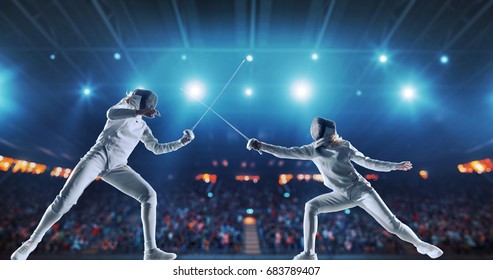 Two female fencing athletes fight on professional sports arena with spectators and lense-flares. Women wear unbranded sports clothes. Arena is made in 3D. - Powered by Shutterstock - Get 15% off with code: PIKWIZARD15
