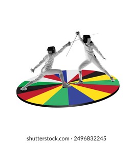 Two female fencing athletes in uniform and protective masks in motion, practicing dancing on round platform of multicolored flags. Creative design. Art collage. Sport, international completion concept - Powered by Shutterstock